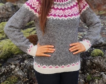 Patterned Wool Sweater with Round Yoke Hand Knitted Icelandic Lopapeysa Pullover Women's Norwegian Seamless  Sweater Christmas Gift for Her