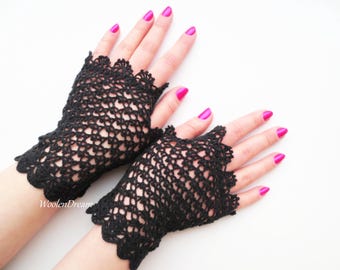 Crochet Lace Fingerless Gloves: Gothic Wedding Openwork Bridal Mitts
