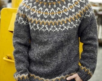 Wool Icelandic Sweater Hand Knitted Norwegian Fair Isle Jumper Scandinavian Ski Pullover Lopapeysa HVAMMUR