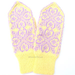 Hand Knitted Wool Mittens: Snowflake Heart Pattern Norwegian Winter Gloves Pastel Tones