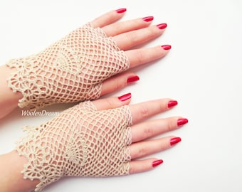 Crochet Wedding Lace Gloves Finger-less Beige Victorian Bridal Openwork Mitts
