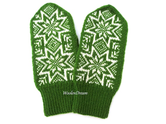 Men Mittens Hand Knitted Merino Wool Norwegian Snowflake Hand Warmers Scandinavian Deer Winter Gloves