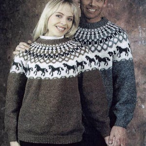 Horses Wool Sweater Adult Hand Knitted Icelandic Lopapeysa Pullover Round Yoke Custom Made Norwegian Jumper Christmas Gift for Animal Lovers