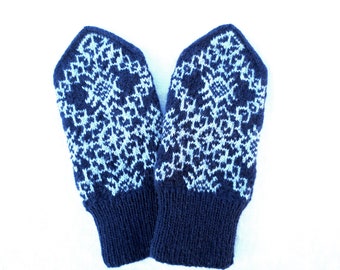 Wool Mittens Men's Hand Knitted Norwegian Snowflake Patterned Navy Blue Mittens Warm Winter Scandinavian Wool Gloves Christmas Gift for Him