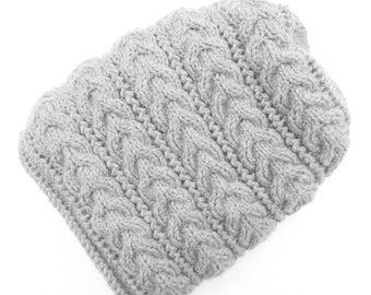 Wool Hat Slouchy Braided Cables Hand Knitted Merino Beanie Celtic Aran Women's Winter Headpiece