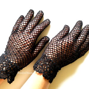 Crochet Irish Lace Gloves Mother of Bride Victorian Wedding Elegant Evening Wear Black