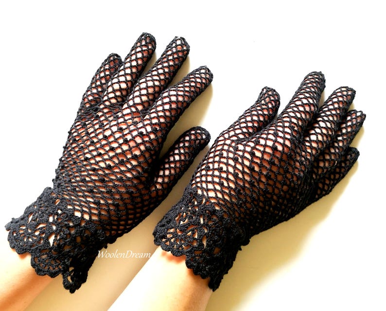 Crochet Irish Lace Gloves Mother of Bride Victorian Wedding Elegant Evening Wear Black