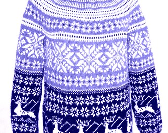 Norwegian Sweater Wool Hand Knitted Icelandic Lopapeysa Sweater Deer and Snowflakes Pattern Round Yoke Pullover Women Christmas Gift for Her