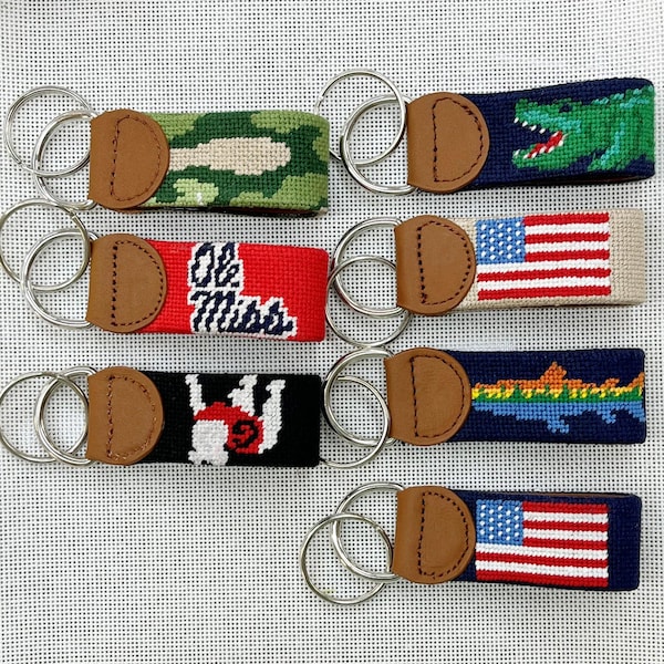 Custom Needlepoint Key Fob | Personalized Monogram Keychain | Leather Brass Hardware
