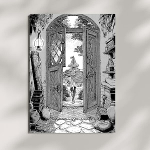 May include: Black and white illustration of a person walking through an open wooden door. The door is arched and leads to a garden. The artwork has a detailed, vintage style, with a witch-like figure in the doorway.