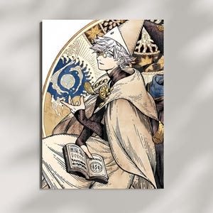 May include: Illustration of a character in a white robe and hat, holding a book and a glowing orb. The artwork features a detailed, vintage style with gold, blue, and brown tones. The book has the letters "BSB" on it.