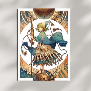 May include: A digital illustration of a figure with short green hair wearing a blue cape and a patterned skirt, holding a tall spear. The figure stands on a circular base against a background featuring a large sun, clouds, and celestial symbols.