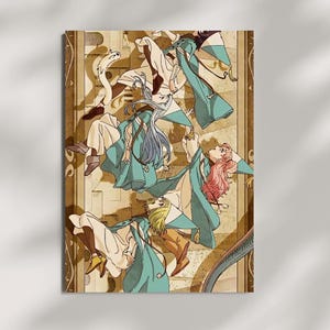 Puede incluir: Una impresión artística que presenta un grupo de figuras con túnicas fluidas, con cabello largo de varios colores, sobre un fondo beige con bordes decorativos. Las figuras son en tonos de blanco, verde azulado y marrón, creando una composición dinámica.