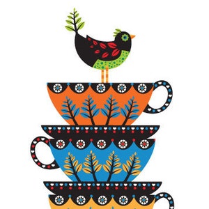 May include: A stack of four colourful ceramic teacups with a black bird perched on top. The cups have a floral pattern and are decorated with black, orange, blue and yellow colours.