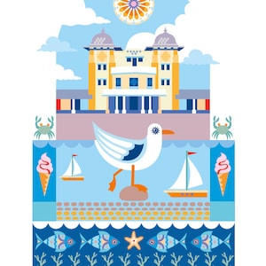 May include: A colorful illustration of a seaside town with a yellow building, a seagull, sailboats, ice cream cones, and fish swimming in the ocean.