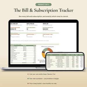 Bill and subscription tracker spreadsheet showing cost per use verdict and what subscriptions to cancel