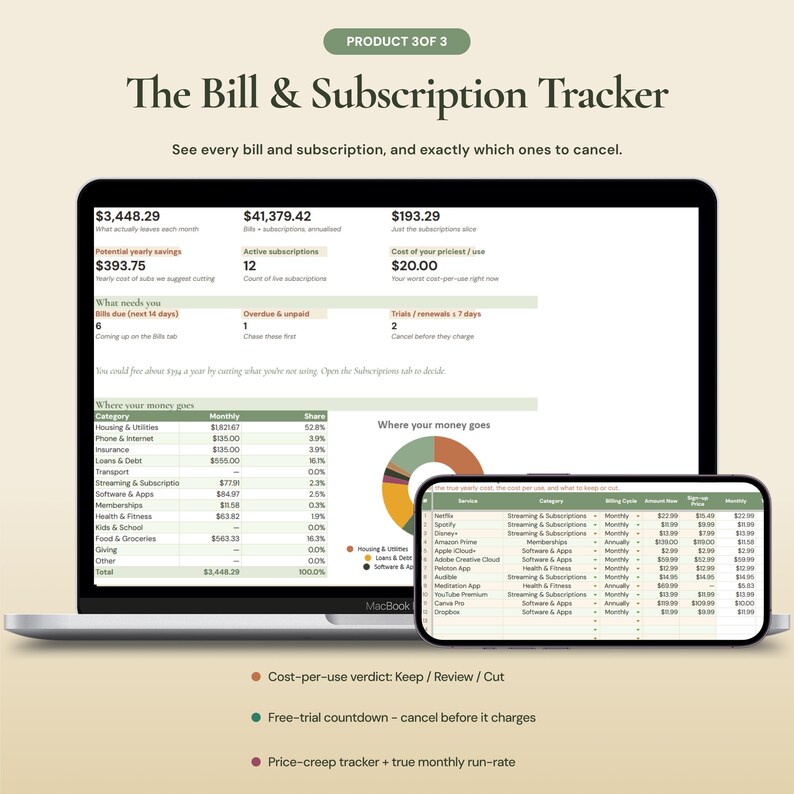 Bill and subscription tracker spreadsheet showing cost per use verdict and what subscriptions to cancel