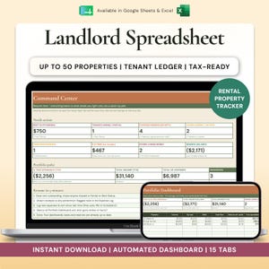 May include: A digital landlord spreadsheet displayed on a laptop and smartphone screen. The interface features a Command Center and Portfolio Dashboard with tables for rent, expenses, and property data. Text includes Landlord Spreadsheet, Rental Property Tracker, and Up to 50 Properties.