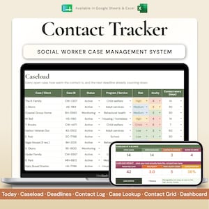 Suivi des contacts des travailleurs sociaux | Grille annuelle des contacts + Feuille de calcul des dossiers | Journal mensuel des contacts clients | Google Sheets Excel