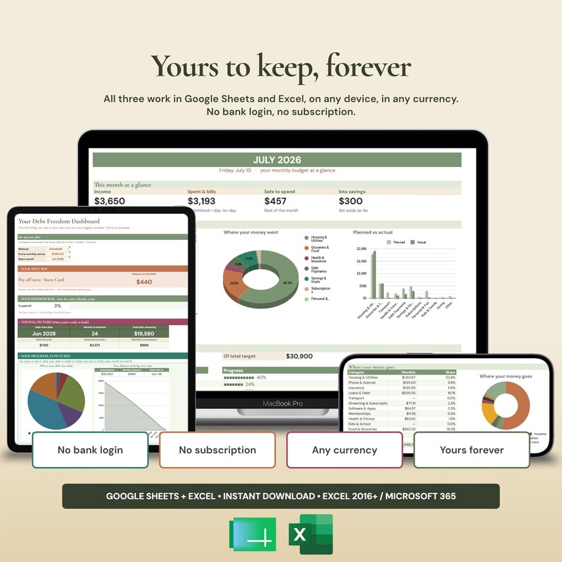 Budget debt and bill tracker bundle for Excel and Google Sheets working on phone tablet and desktop no subscription