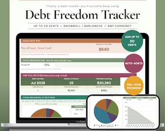 May include: A digital debt tracker spreadsheet for Google Sheets and Excel titled Debt Freedom Tracker. The interface displays debt payoff metrics, a freedom bar, a debt-free date of July 2028, and pie charts visualizing debt progress.