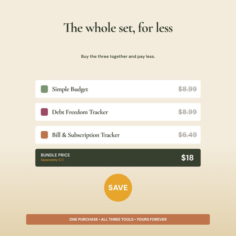 Budget spreadsheet bundle deal saving money versus buying budget debt and bill trackers separately