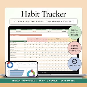 Può includere: Un tracker di abitudini digitale visualizzato su uno schermo di laptop e smartphone. L'interfaccia presenta una tabella per le abitudini quotidiane, percentuali di progresso e monitoraggio degli obiettivi. Il testo include Habit Tracker, 30 Daily + 15 Weekly Habits, Excel + Google Sheets, Bonus Printable Checklist e Easy To Use.