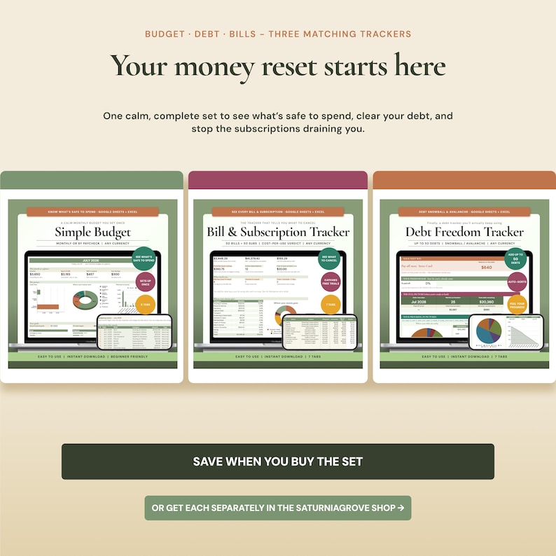 New year money reset budget bundle with budget planner debt payoff tracker and subscription tracker templates