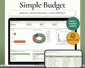 Simple Budget Spreadsheet Google Sheets Excel | Easy Monthly Budget Planner Template | Beginner Paycheck Budget Tracker | Bill Tracker
