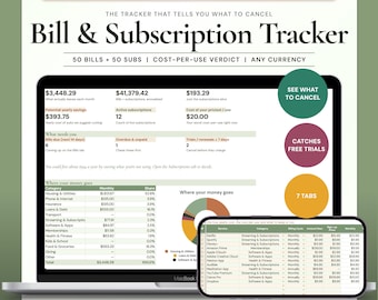 May include: A digital Bill & Subscription Tracker spreadsheet for Google Sheets and Excel. The interface displays financial summaries, monthly costs, active subscriptions, and a pie chart. It includes 7 tabs for tracking 50 bills and 50 subscriptions.