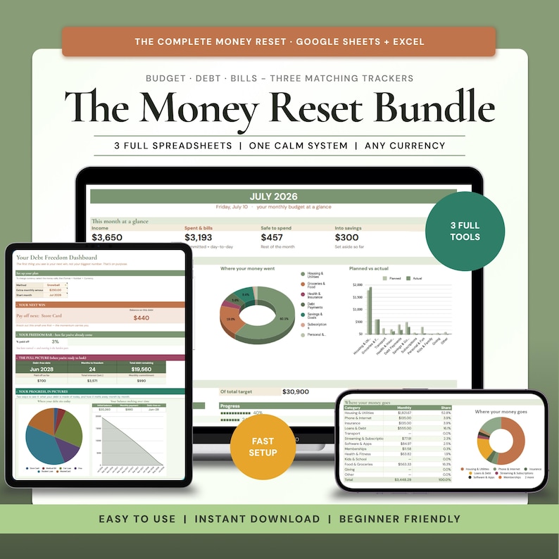 Budget spreadsheet bundle for Google Sheets and Excel with budget planner, debt payoff tracker and bill tracker