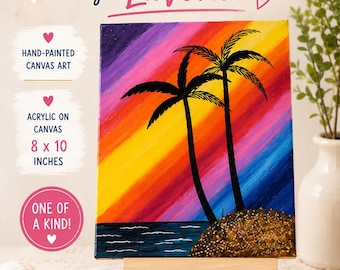 Original Sonnenuntergang Insel Gemälde | Tropischer Leinwanddruck von Junge Künstlerin LaVona | Strand Wandbild