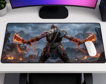 God of War Ragnarök Mauspad, Kratos Gaming Schreibtischmatte, nordische Mythologie Mauspad, Spartan warrior Schreibtischunterlage, Videospiel-Dekor