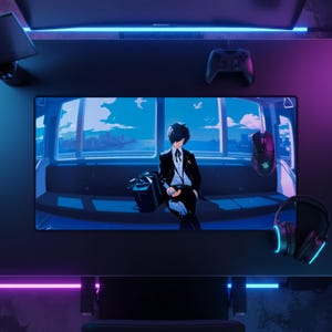 May include: A gaming setup featuring a large curved monitor, a mouse, a controller, and headphones. The centerpiece is a mousepad with an anime-style illustration of a person sitting on a bench in front of a window with a city view.