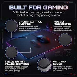 May include: Black gaming mouse mat with the text "BUILT FOR GAMING". Features include a smooth control surface, non-slip rubber base, precision for all sensitivities, and stitched edges. Designed for accurate tracking and consistent mouse movement.