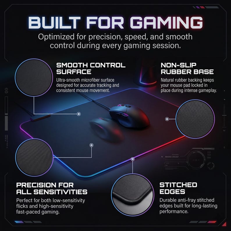 May include: Black gaming mouse mat with the text "BUILT FOR GAMING". Features include a smooth control surface, non-slip rubber base, precision for all sensitivities, and stitched edges. Designed for accurate tracking and consistent mouse movement.
