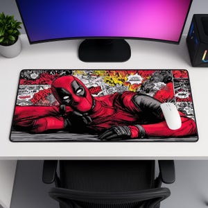 Deadpool Mouse Pad, Marvel Comic Collage Desk Mat, Superhero Gaming Mousepad, Red Suit Comic Panel Gift, XXL Desk Mat