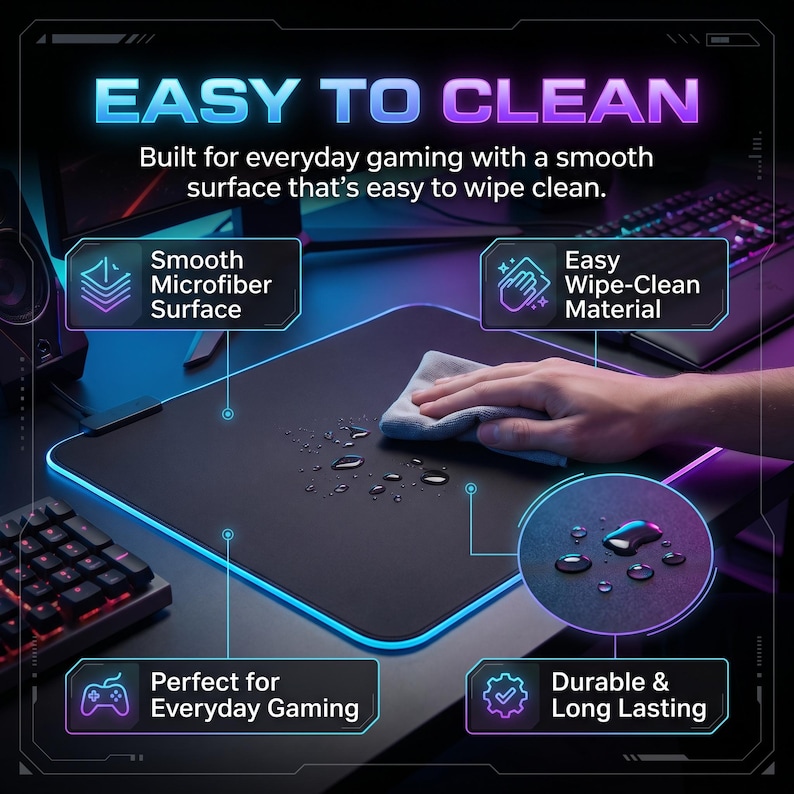 May include: A black gaming mouse mat with a blue and purple illuminated edge. The text "EASY TO CLEAN" is at the top. The mat has a smooth microfiber surface and is easy to wipe clean. The text "Perfect for Everyday Gaming" is also visible.