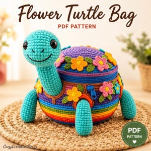May include: A crochet turtle bag with a teal head and limbs, a purple shell top, and a rainbow-striped base. The shell features a blue zipper closure and is decorated with various colorful crocheted flowers and green leaves. Text reads Flower Turtle Bag PDF PATTERN.