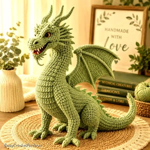May include: A sage green crocheted dragon figurine featuring textured scales, pointed horns, a long tail, and wings. The dragon has orange eyes and an open mouth showing white teeth. The text "CozyCrochetPatterns" is visible in the bottom corner.