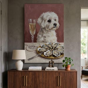 Stampa su tela con cane, champagne e ostriche, divertente quadro da parete con animali domestici, dipinto di cane sofisticato, decorazione per la cucina, stravagante decorazione murale con animali