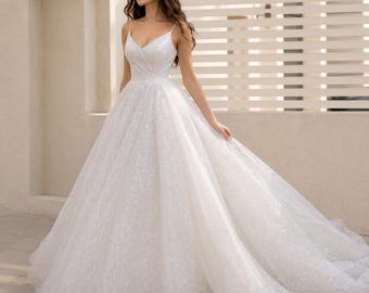 Custom Sparkly Bridal Gown, Glitter Princess Dress, Luxury A-Line Attire, Fairytale Elegance