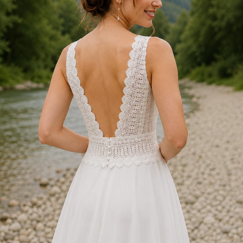 Boho Wedding Dress, Beach Bridal Gown, V Neck Chiffon Wedding Dress, A Line Bridal Dress, Rustic Wedding Gown, Vintage Inspired Wedding Dress
