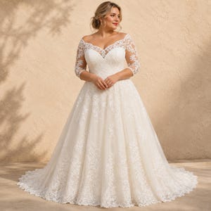Plus Size Wedding Dress, Lace Bridal Gown, Off Shoulder, A Line Romantic