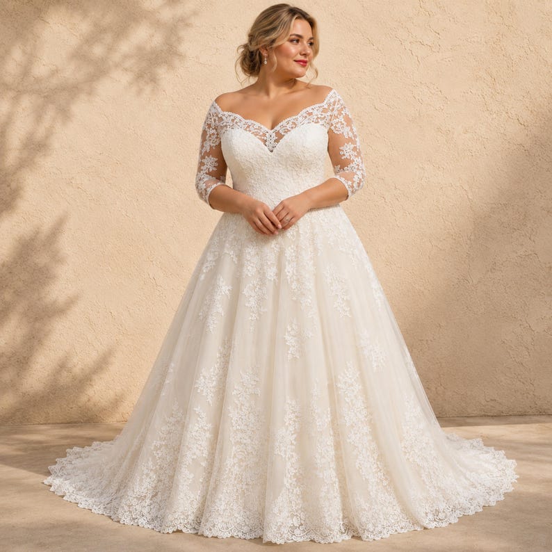 Plus Size Wedding Dress, Lace Bridal Gown, Off Shoulder, A Line Romantic