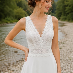 Boho Wedding Dress, Beach Bridal Gown, V Neck Chiffon Wedding Dress, A Line Bridal Dress, Rustic Wedding Gown, Vintage Inspired Wedding Dress
