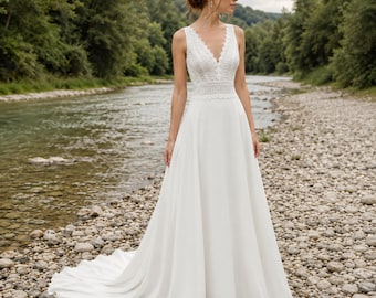 Boho Beach Wedding Dress, V-Neck Bridal, Gown Chiffon, A-Line Vintage Dress