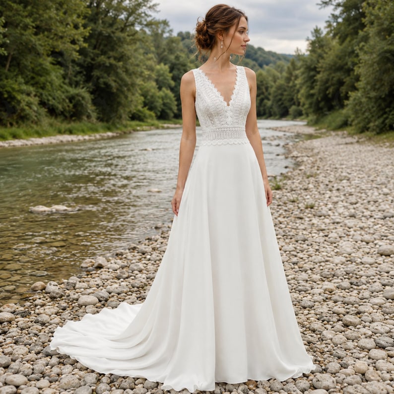 Boho Wedding Dress, Beach Bridal Gown, V Neck Chiffon Wedding Dress, A Line Bridal Dress, Rustic Wedding Gown, Vintage Inspired Wedding Dress