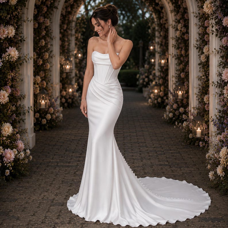 Minimalist Satin Wedding Dress, Strapless Mermaid Bridal Gown, Simple Elegant Attire
Simple Satin Wedding Dress, Strapless Bridal Gown, Minimalist Mermaid, Wedding Dress Elegant