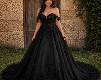 Black Gothic Wedding Dress, Sparkly Ball Gown, Off Shoulder Bridal, Princess Elegance